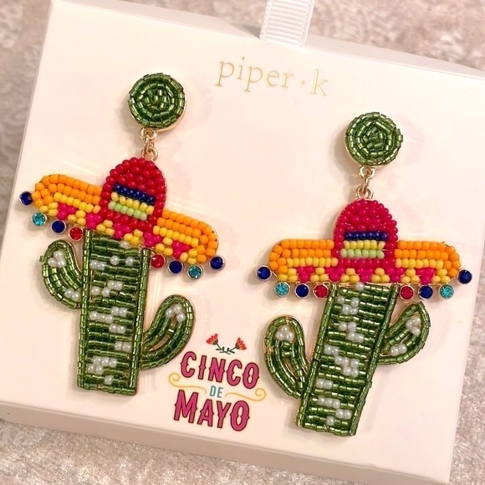 Brand New Piper K Cinco De Mayo Mexican Cactus Sombrero Beaded Drop Earrings